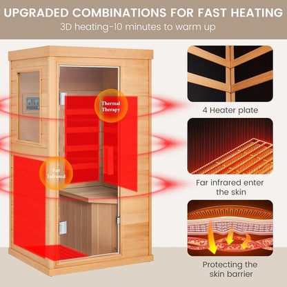 Single Infrared Full Spectrum Sauna, Indoor Wooden Dry Sauna, with 4 Heater Panels, Bluetooth and Tempered Glass