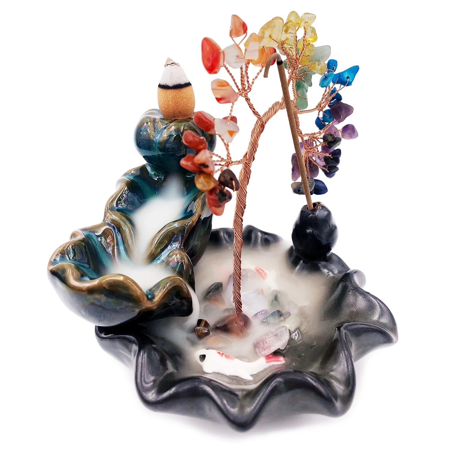 Crystal Waterfall Incense Burner Set with Backflow Incense Cones, Joss Sticks, Mat, Tweezers
