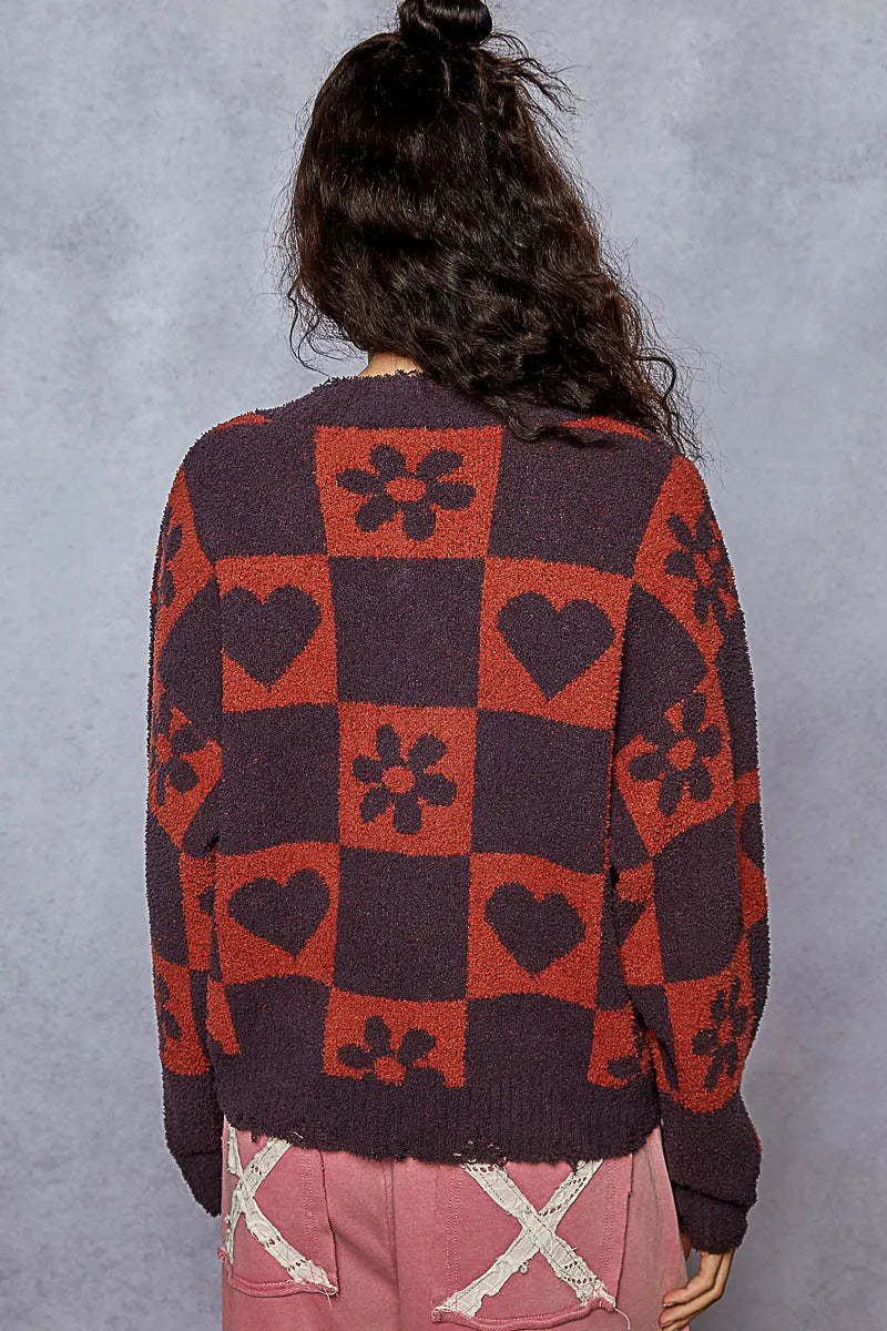 Garden Naked V-Neck Heart Pattern Checkered Sweater