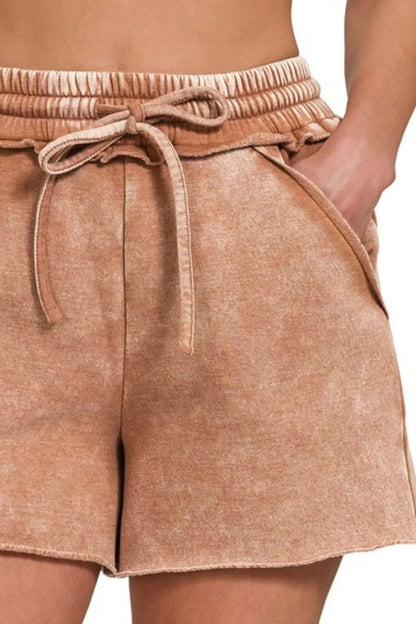 Acid Wash Fleece Drawstring Shorts With Pockets