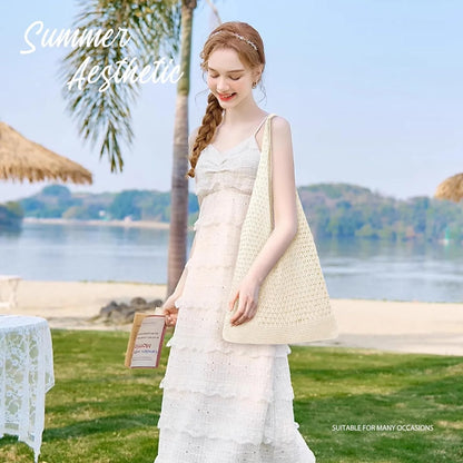 Crochet Bag for Women, Crochet Tote Summer Bag Mesh Large Shoulder Bag (Beige 14 X 10 X 26.5In)