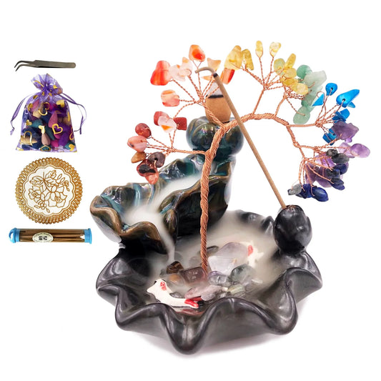 Crystal Waterfall Incense Burner Set with Backflow Incense Cones, Joss Sticks, Mat, Tweezers