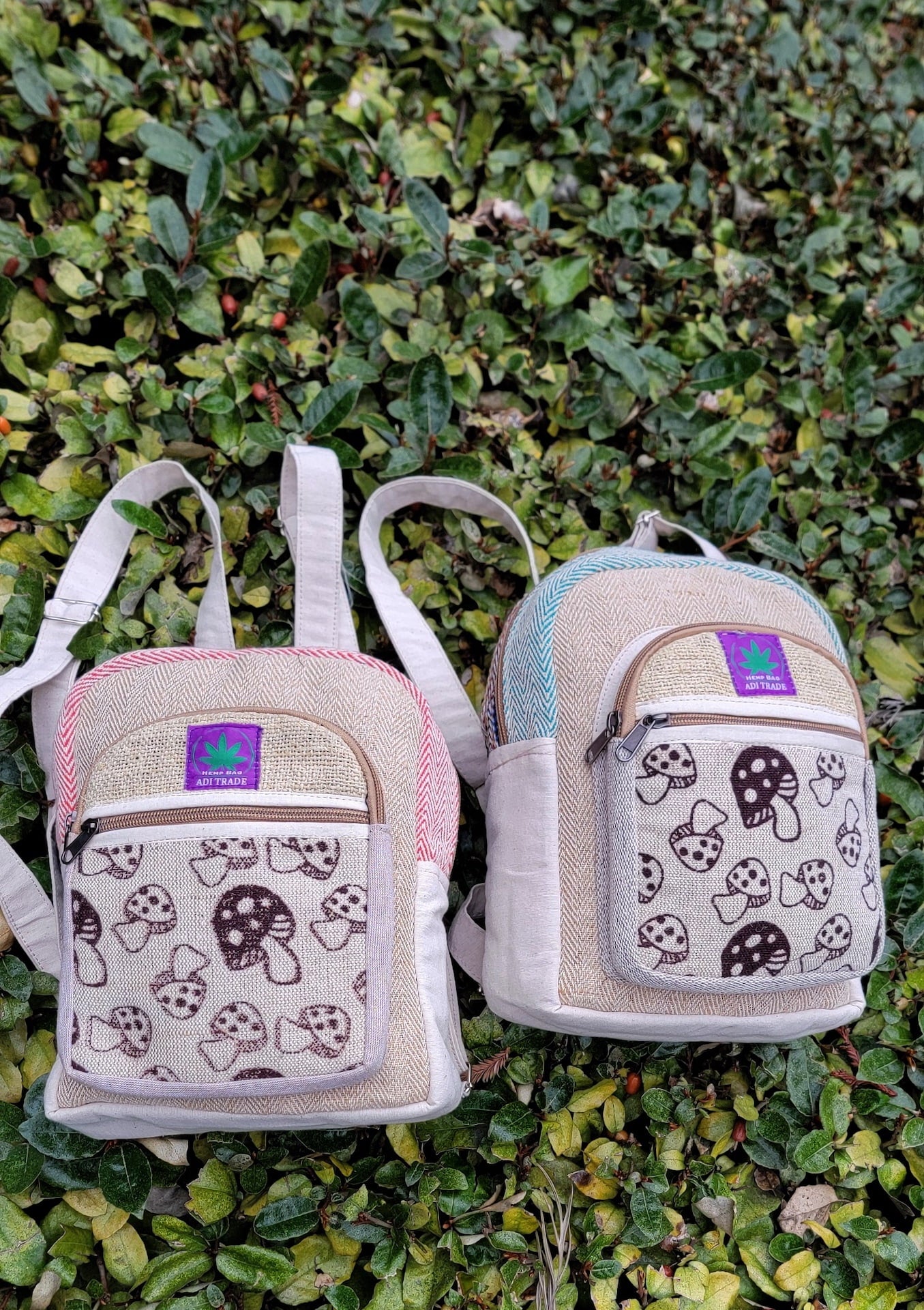 Natural Handmade Mini Hemp Backpack, Eco-Friendly Stylish Unisex Casual Backpack for Hiking, Traveling and Many More (Mushroom Red)