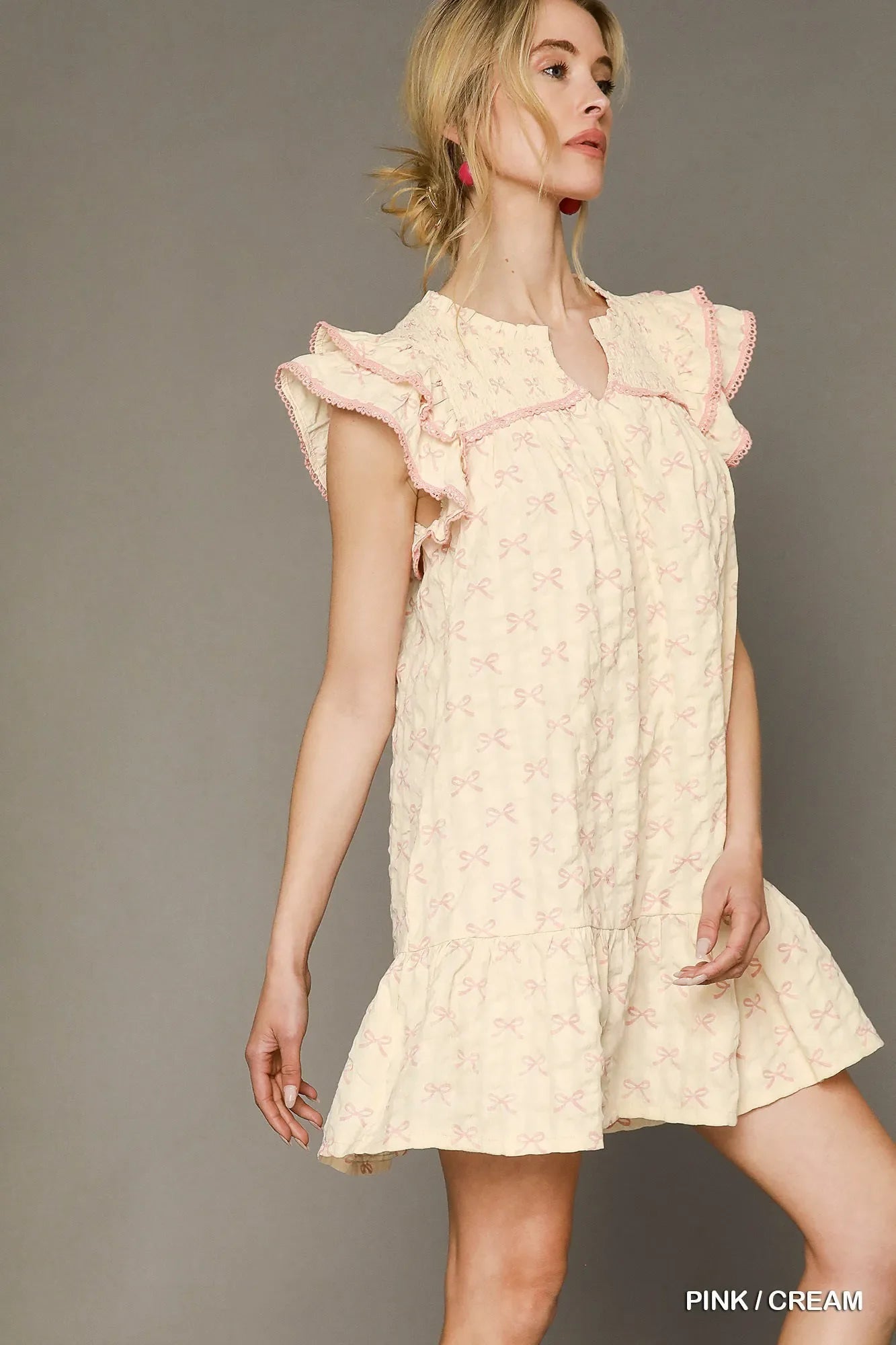 Bow Print Ruffled Cap Sleeve Mini Dress