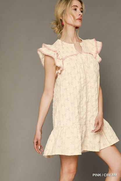 Bow Print Ruffled Cap Sleeve Mini Dress