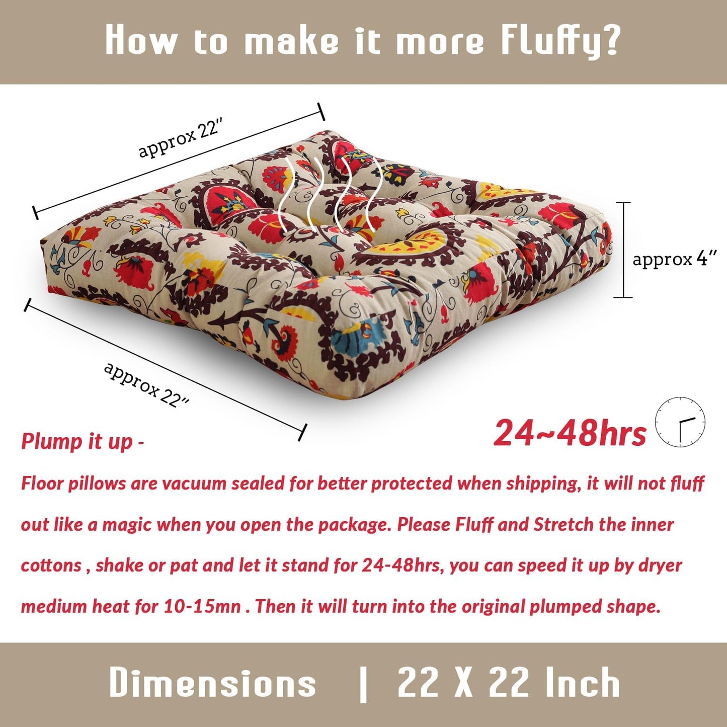 Boho Square Floor Seat Pillows Cushions 22" X 22", Soft Cotton Linen Bohemian Yoga Mandala Meditation Pouf Tatami Floor Pillow Cushion for Living Room Adults & Kids Casual Reading Nooks,Flowers Beige