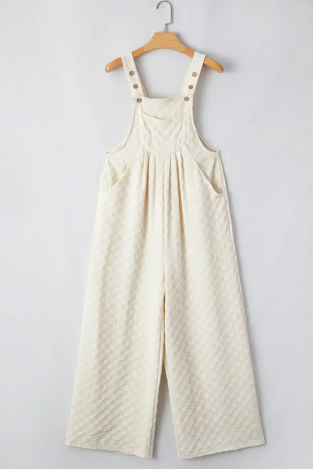 Beige Checkered Pocket High Waist Wide Leg Overall