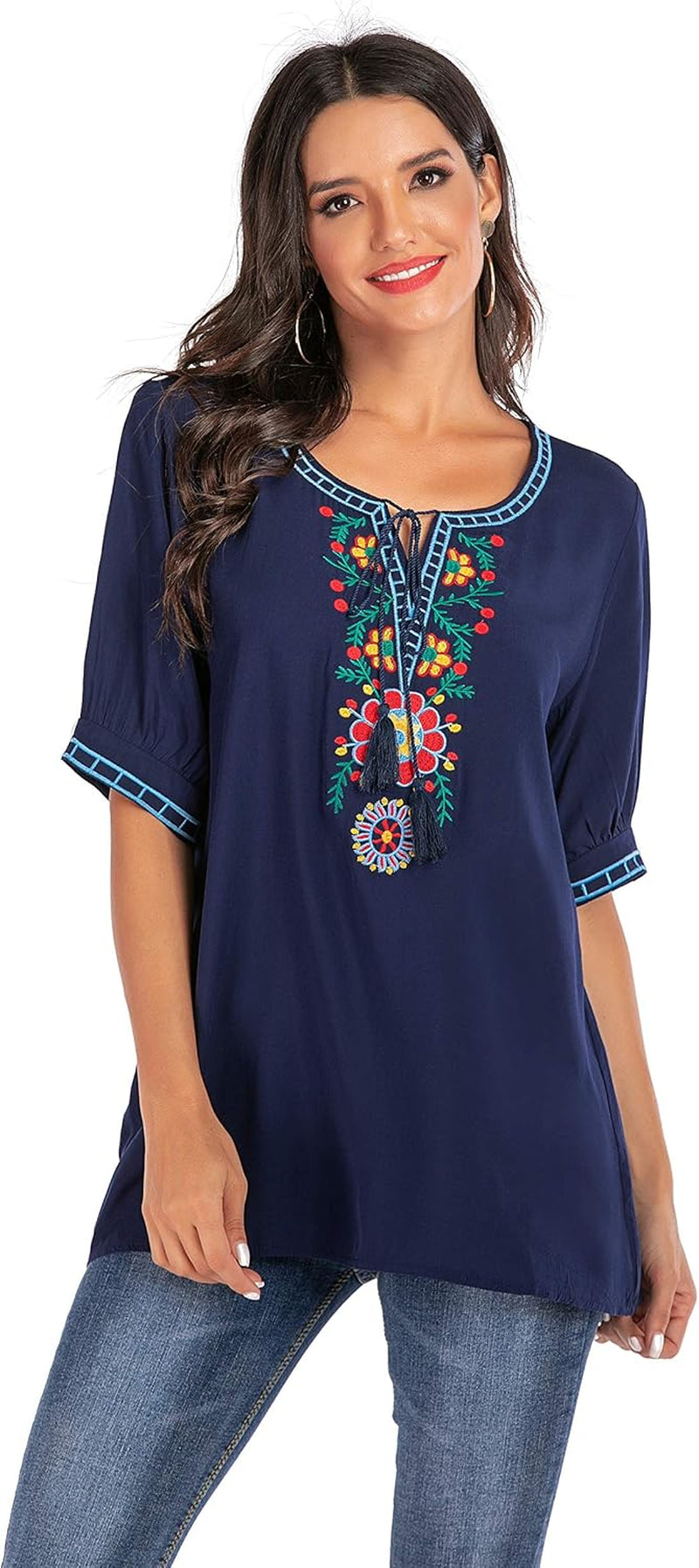 Women'S Summer Boho Embroidered Mexican Bohemian Tops Tassel Short Sleeve Casual Blouse