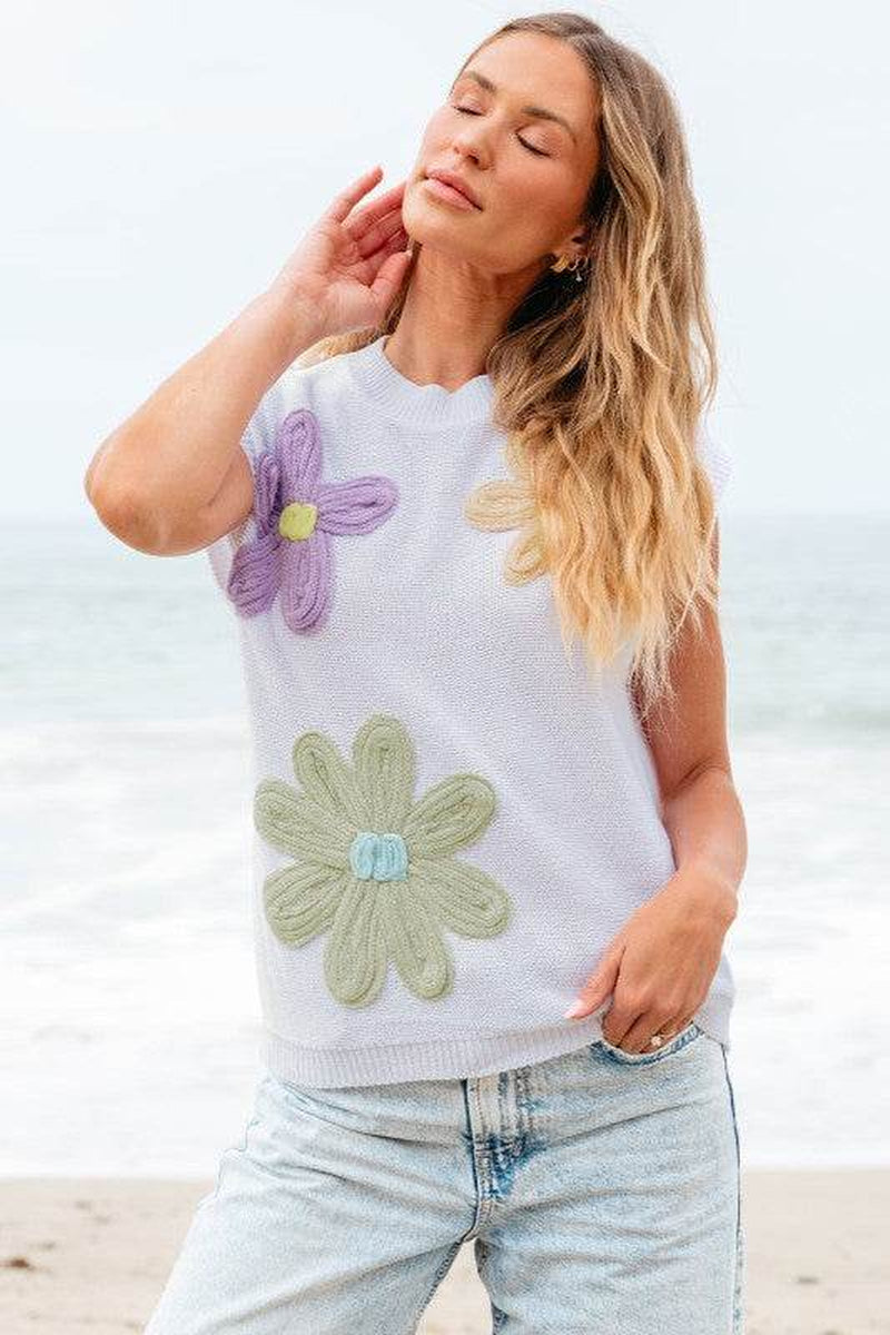 Hannah Crochet Flower Knit Short Sleeve Sweater To