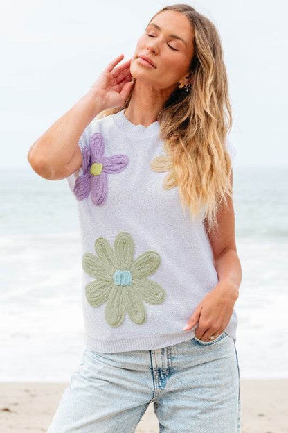 Hannah Crochet Flower Knit Short Sleeve Sweater To