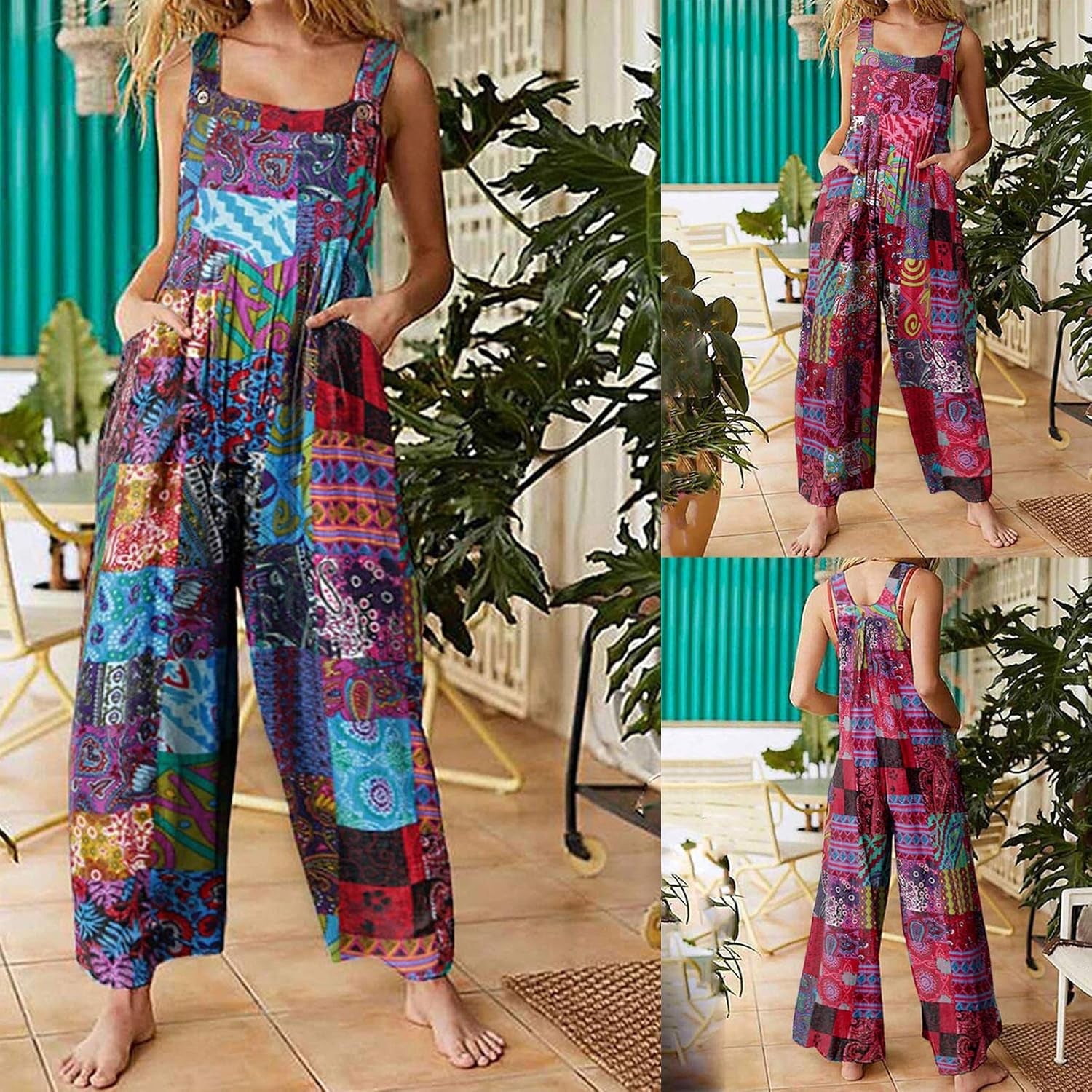 Women Boho Overalls Summer Floral Loose Suspender Trousers Jumpsuits Wide Leg Pants Romper with Pockets (C Blue , Xx-Large )