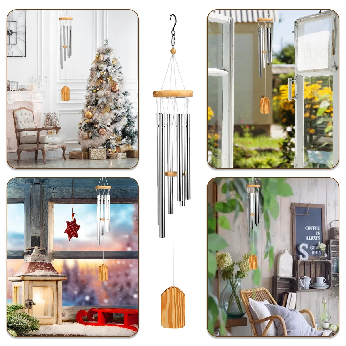 ® 25" Wind Chimes for Outside,Memorial Wind Chimes with 6 Silver Aluminum Tubes and S Hook,Clearance Wind Chimes for Home Garden Hanging Decor,Window Wind Bells