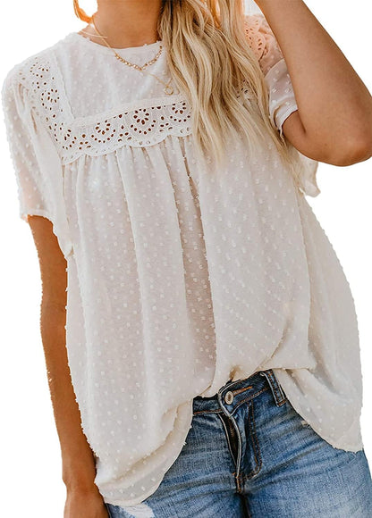 Plus Size Womens Summer Tops Blouses - Ladies Short Sleeve Crochet Lace Chiffon Blouse Polka Dots Boho Flowy Tunic Shirts White