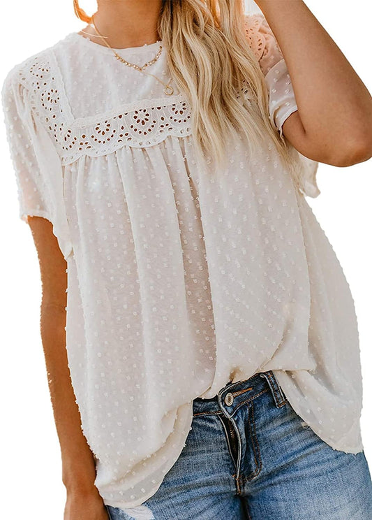 Plus Size Womens Summer Tops Blouses - Ladies Short Sleeve Crochet Lace Chiffon Blouse Polka Dots Boho Flowy Tunic Shirts White