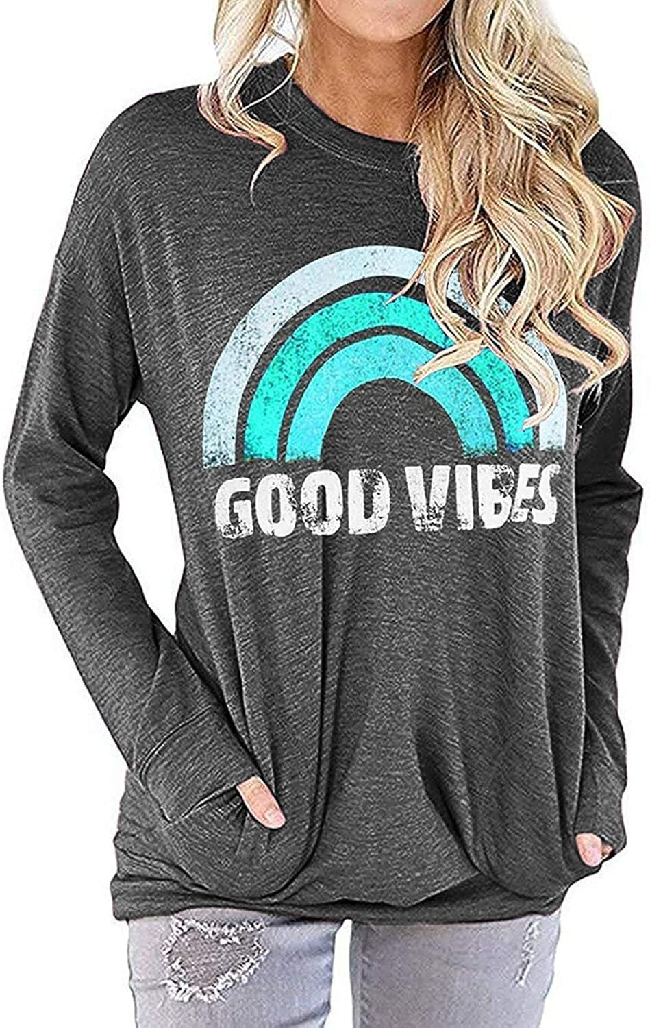 Women Casual Long Sleeve Shirts round Neck Loose Fit Blouses Lightweight Tops