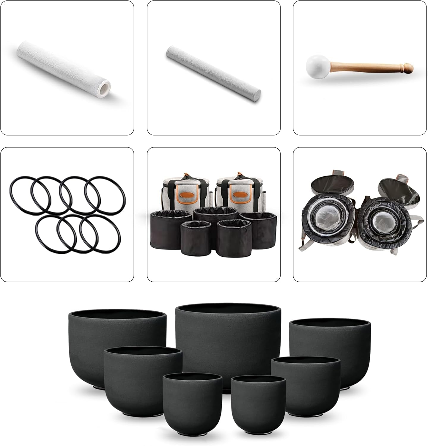 7-12 Inch Black 7 Crystal Singing Bowl Set Frosted Quartz Crystal Sound Therapy Kit with Mallets 2 Cases O-Ring for Yoga Meditation Energy Balancing Reiki Healing