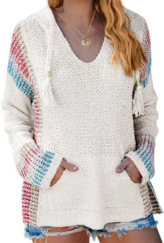 Women Boho Sweater Hooded Hoodie Baja Colorblock Pullover Striped V Neck Mexican Knit Christmas Sweatshirt