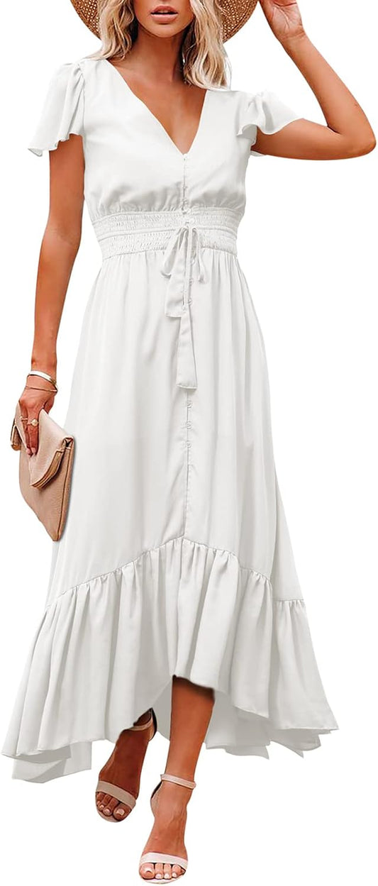 Women'S Summer Casual Long Vacation Dress Tie Waist Loose Swing Dress S Y-White
