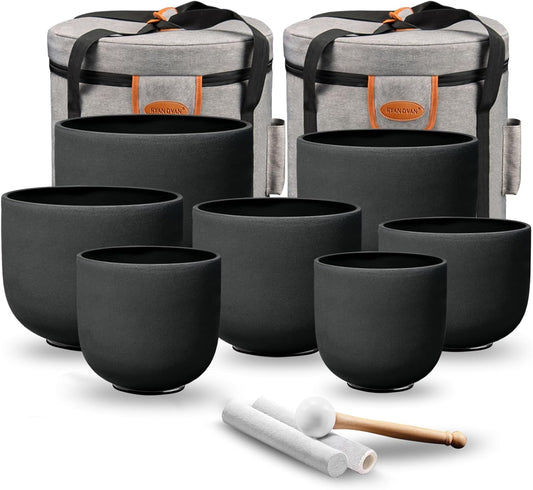 7-12 Inch Black 7 Crystal Singing Bowl Set Frosted Quartz Crystal Sound Therapy Kit with Mallets 2 Cases O-Ring for Yoga Meditation Energy Balancing Reiki Healing