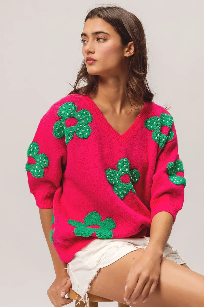 Pearl Beads Flowers Sweater Top