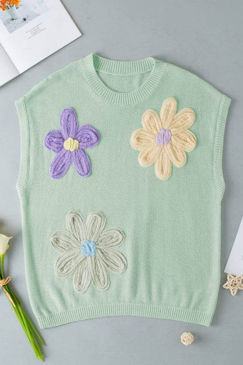 Hannah Crochet Flower Knit Short Sleeve Sweater To
