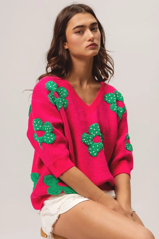 Pearl Beads Flowers Sweater Top