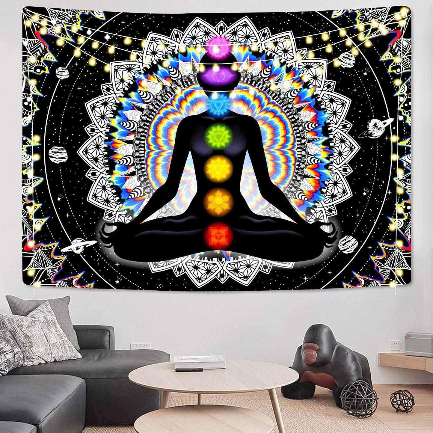 Seven Chakra Tapestry Mandala Tapestry Trippy Black and White Tapestry Celestial Space Tapestry Boho Yoga Meditation Wall Hanging Tapestry for Bedroom Home Decor (H29.5 X W39.4)