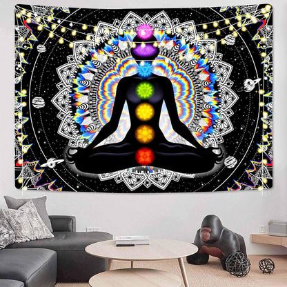 Seven Chakra Tapestry Mandala Tapestry Trippy Black and White Tapestry Celestial Space Tapestry Boho Yoga Meditation Wall Hanging Tapestry for Bedroom Home Decor (H29.5 X W39.4)
