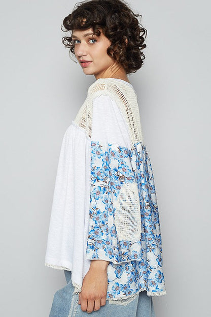 POL Clothing Washed Floral Print Crochet Detail Top