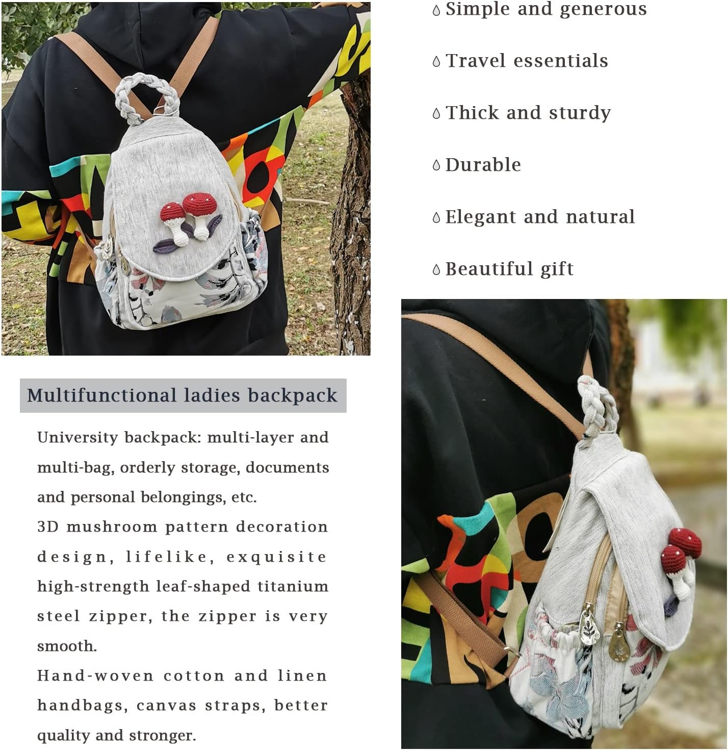Women Cotton Woven Bohemian Hemp Boho Canvas Embroidery Multi Pocket Retro Cute Backpack Wallet Backpack（Mushroom）