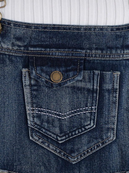 Womens Vintage Wash Straight Leg Denim Overalls with Pocket Bib