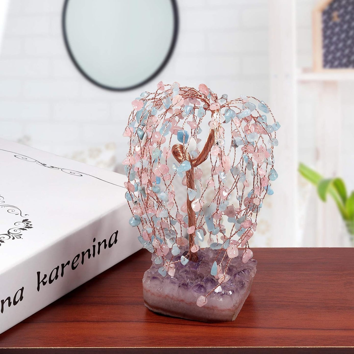 Natural Rose Quartz & Aquamarine Crystal Tree with Amethyst Cluster Crystal Base, Feng Shui Bonsai Money Tree Figurine for Home Office Desktop Decoration 5.5-6.7 Inch High