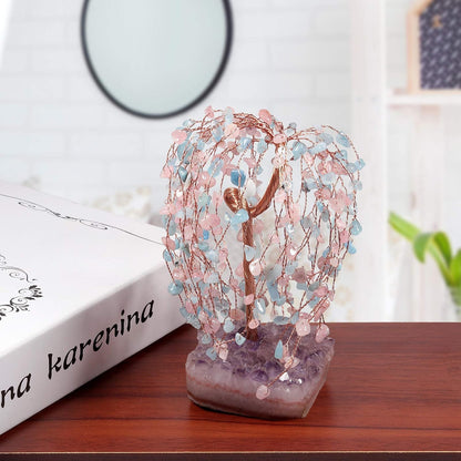 Natural Rose Quartz & Aquamarine Crystal Tree with Amethyst Cluster Crystal Base, Feng Shui Bonsai Money Tree Figurine for Home Office Desktop Decoration 5.5-6.7 Inch High