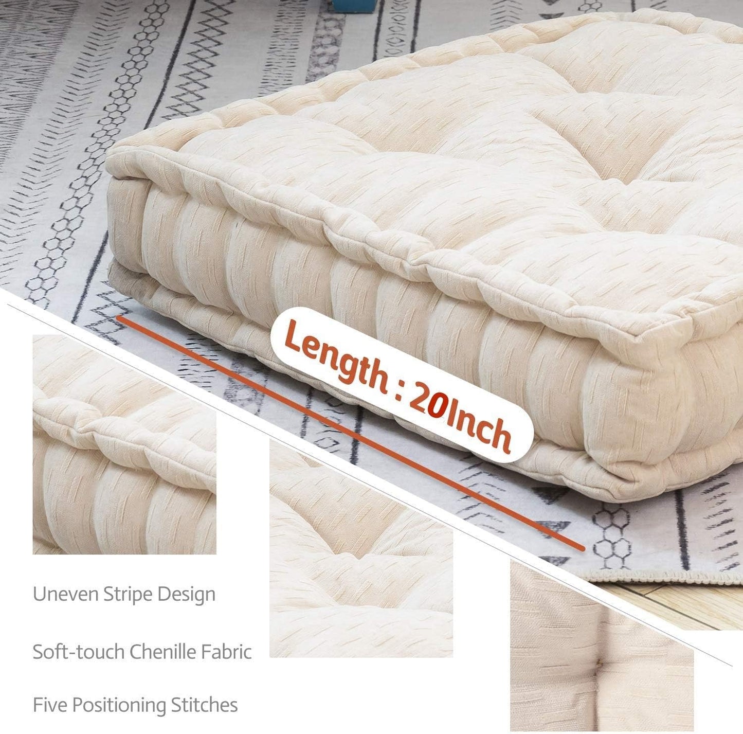 Floor Cushion Pouf, Square Floor Pillow Seating Chenille Meditation Cushion, Thick Tufted Pillows for Living Room Yoga Bedroom Sofa, Beige, 20"X20"X5.5"