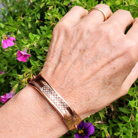 Adjustable Handmade Sculpted Copper Channel Silver Mesh Cuff Bracelet