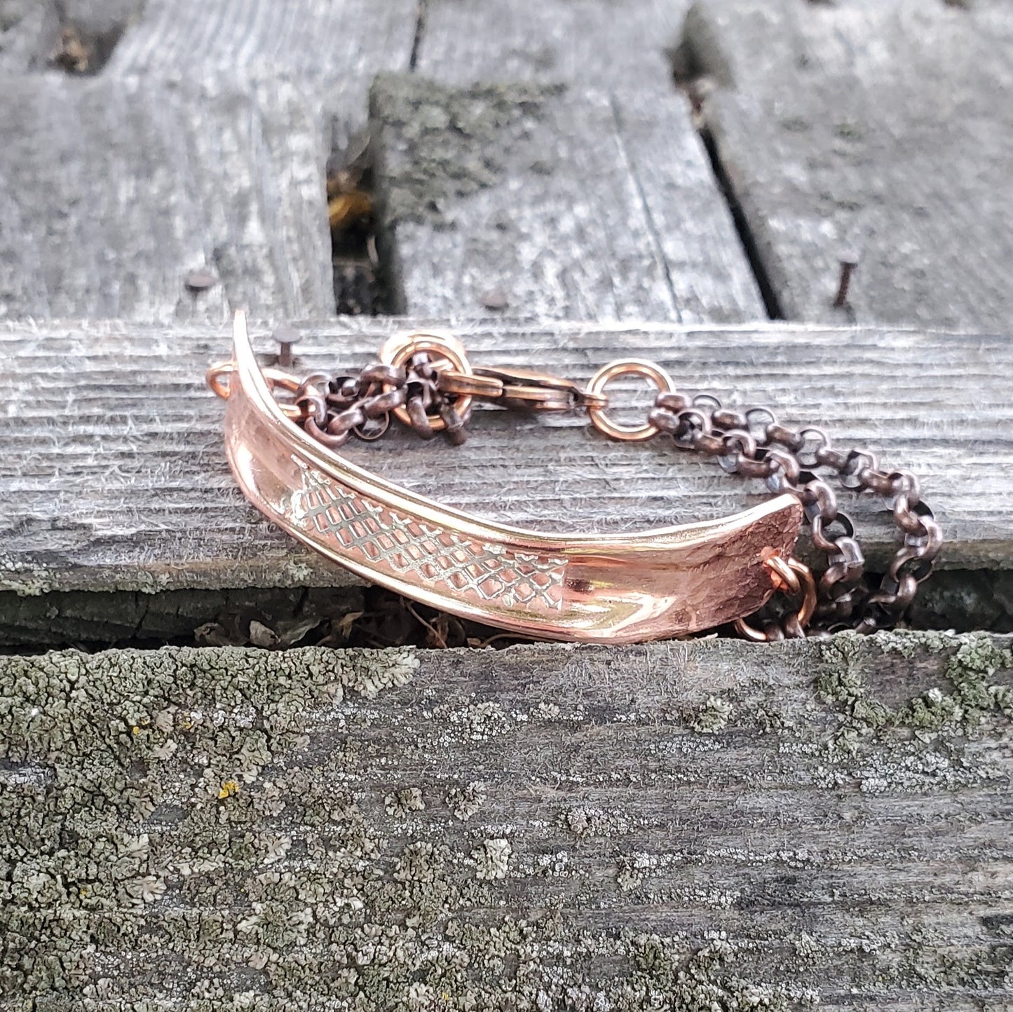Adjustable Handmade Sculpted Copper Channel Silver Mesh Cuff Bracelet
