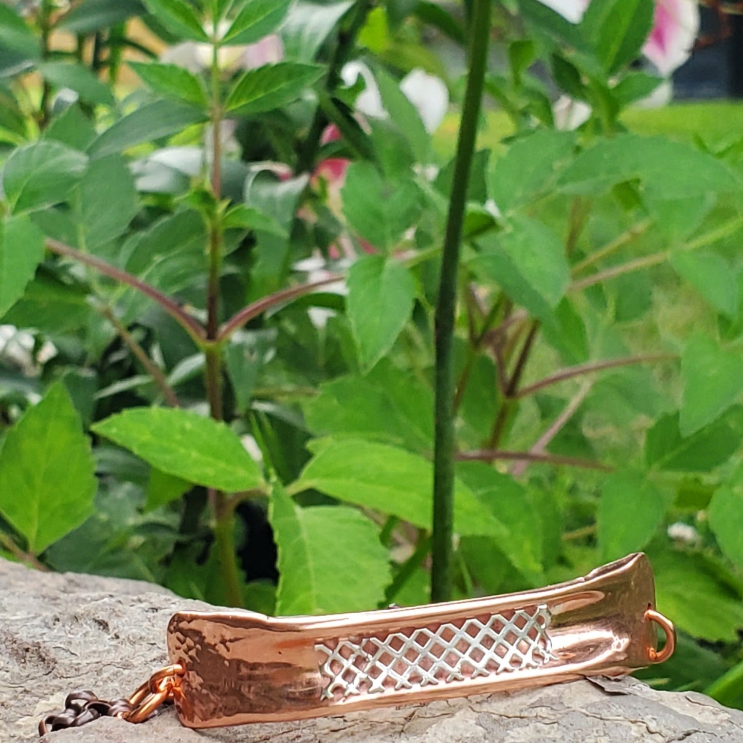 Adjustable Handmade Sculpted Copper Channel Silver Mesh Cuff Bracelet