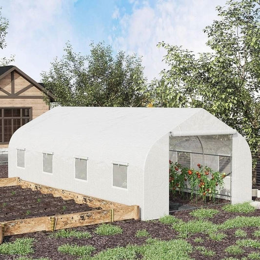 19.5 Ft x 9.8 Ft Outdoor Greenhouse w/ White PE Cover and Heavy Duty
