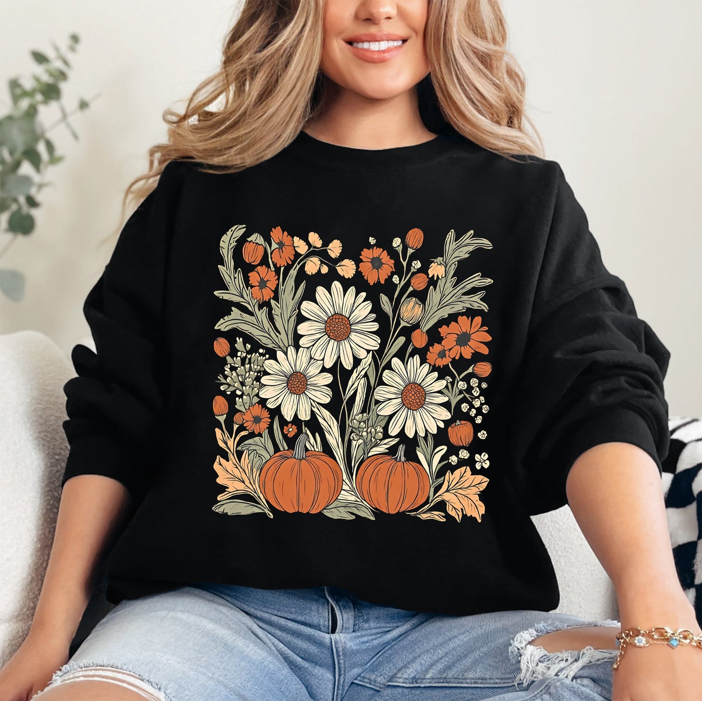 Autumn Botanical, Floral, Flowers, Pressed Flowers, Pumpkins, Thanksgiving Sweatshirt