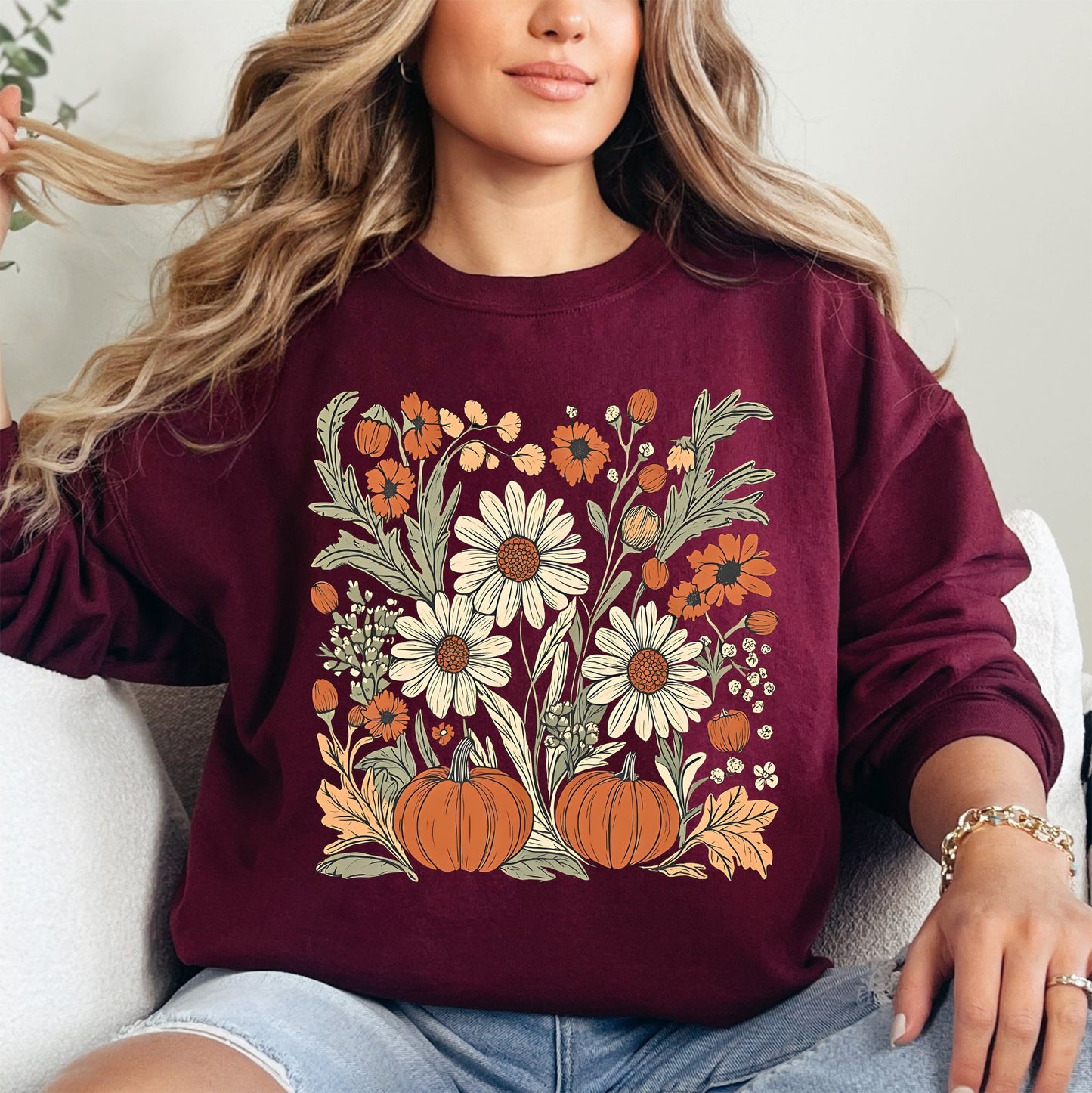 Autumn Botanical, Floral, Flowers, Pressed Flowers, Pumpkins, Thanksgiving Sweatshirt