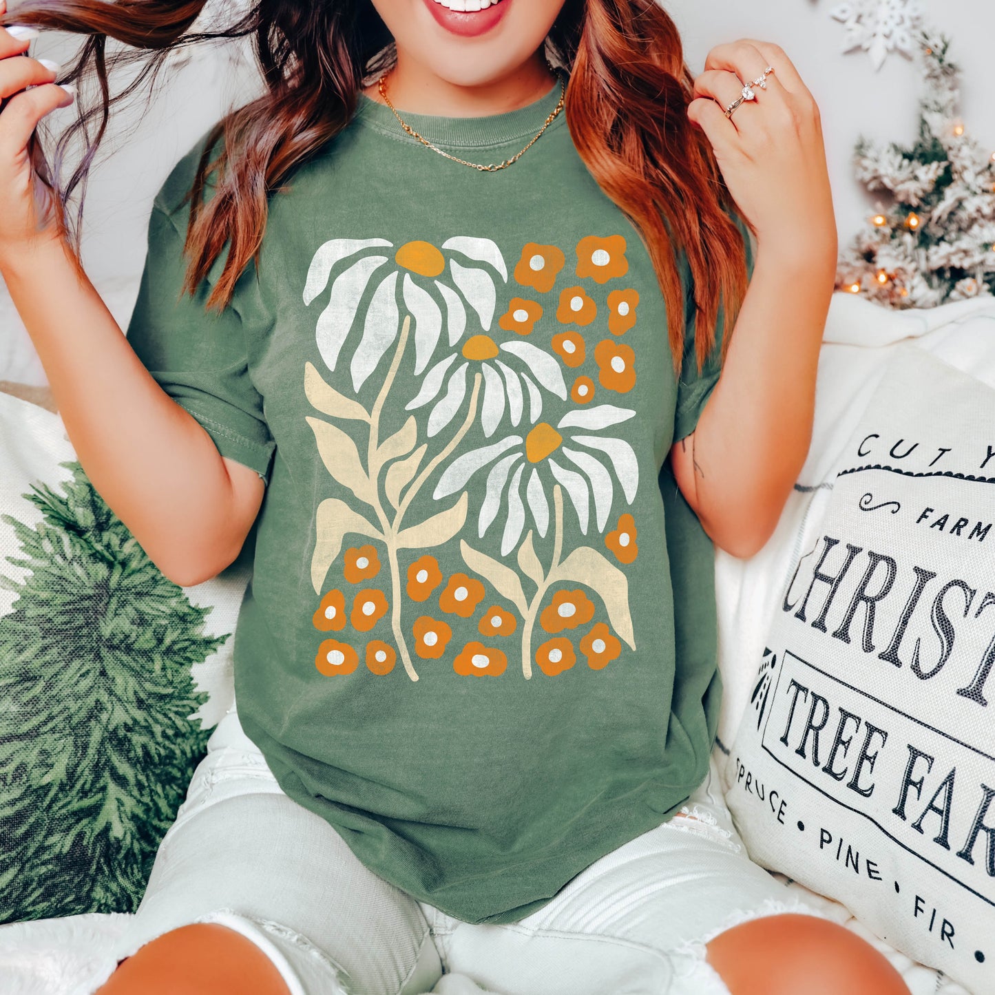 Boho Botanical Daisy Art Nouveau Floral Comfort Colors Tshirt