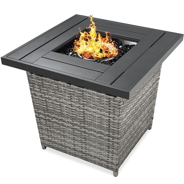 50,000 BTU Grey Wicker LP Gas Propane Fire Pit w/ Faux Wood Tabletop