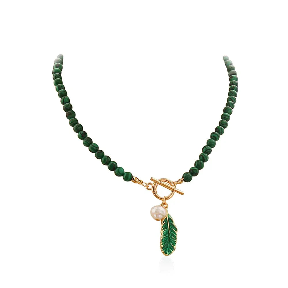 Malachite Pearl & Leaf Elegant Necklace