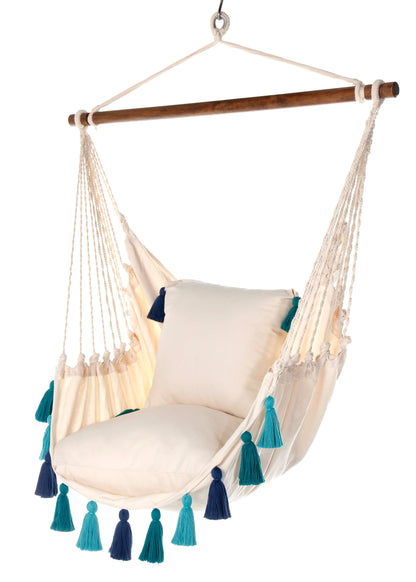 Blue Boho Hammock Chair Swing with Tassels | LILY