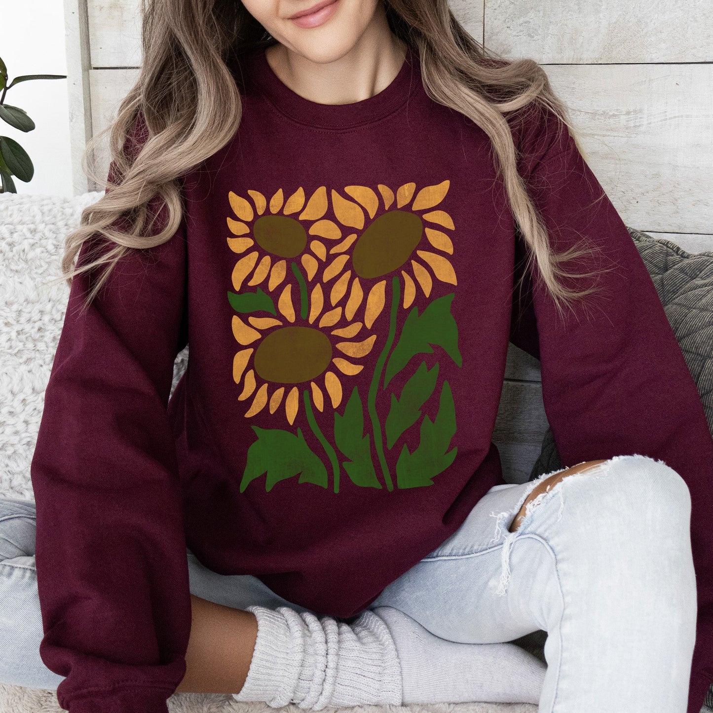 Boho Sunflowers, Retro Floral Sweatshirt