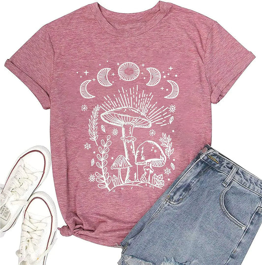 Women Mushroom Shirts Moon Graphic Tees Floral Flowers Printed Aesthetic Hiking Adventure Nature Short Sleeve Shirts Pink-XXL