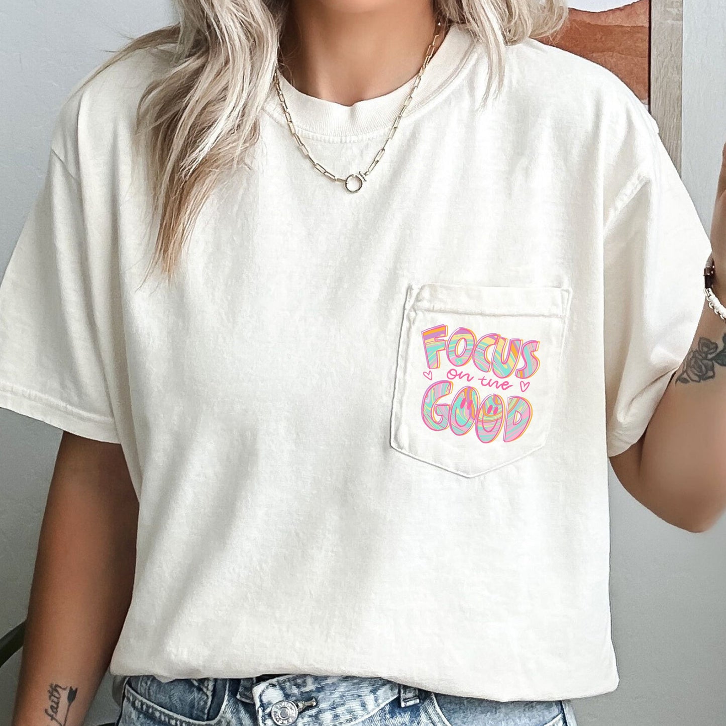 Focus On The Good, Retro, Pocket, Positivity, Mental Health Pocket Tee Comfort Colors T-Shirt
