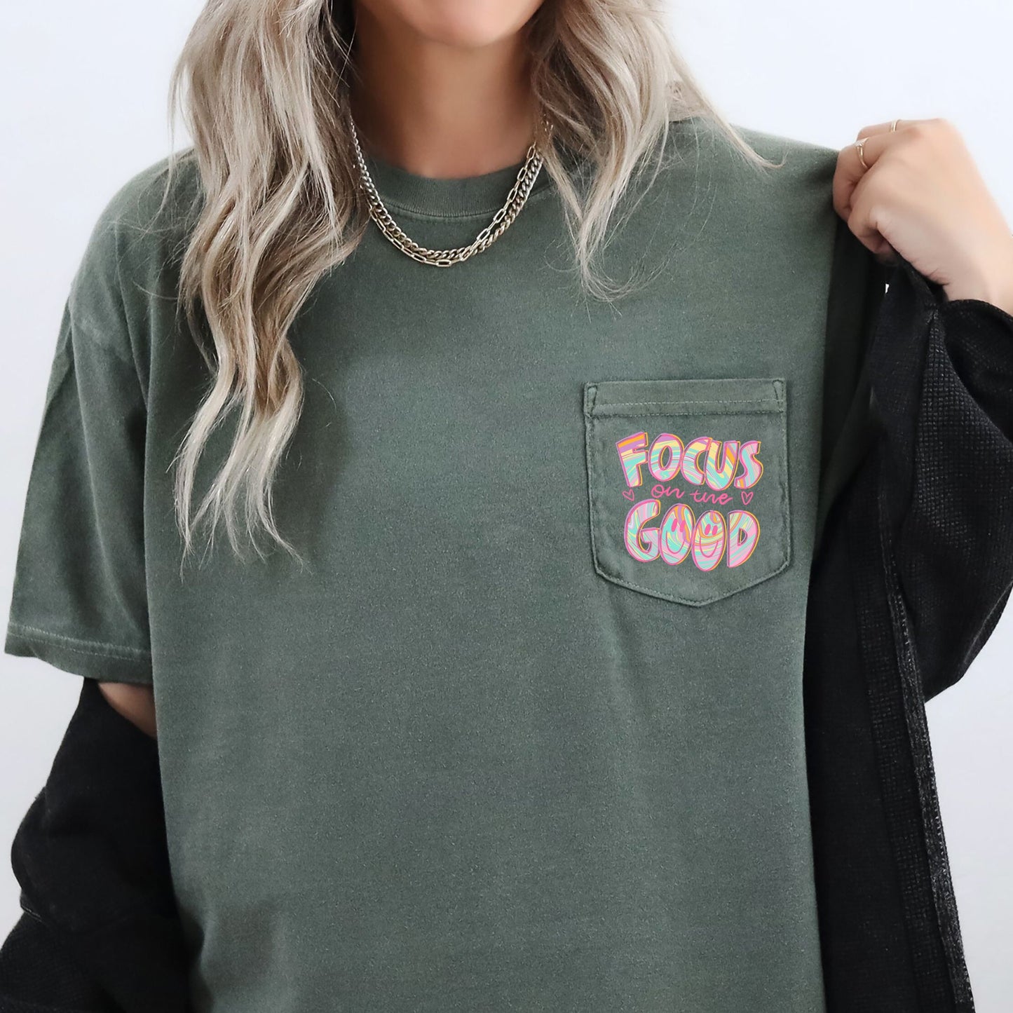 Focus On The Good, Retro, Pocket, Positivity, Mental Health Pocket Tee Comfort Colors T-Shirt