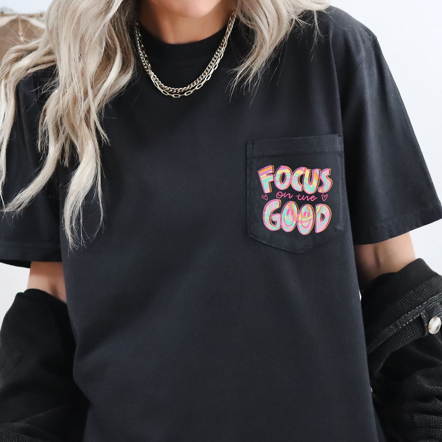 Focus On The Good, Retro, Pocket, Positivity, Mental Health Pocket Tee Comfort Colors T-Shirt