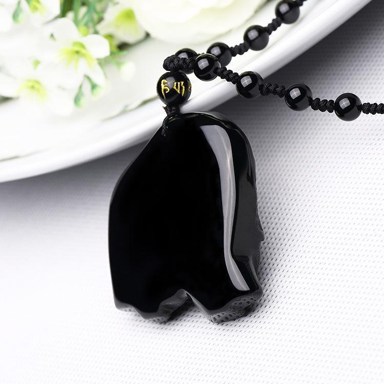 Obsidian Carved Mother & Baby Elephant Necklace